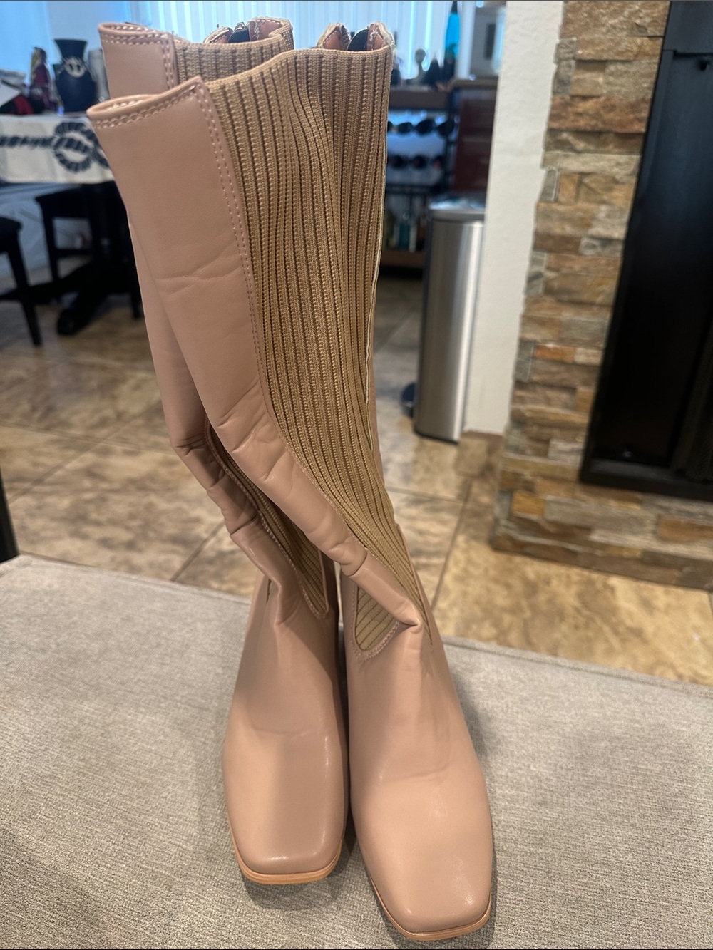 Knee-High Stretch Panel Heeled Boots in Blush Tan size 38